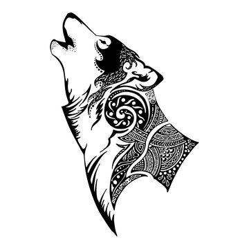 Wolf head and howl tribal tattoo vector with white isolated background
