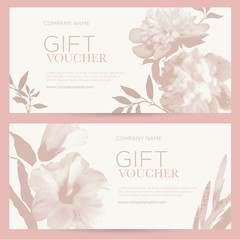 Elegant gift certificates with flowers. Pink peonies and mallow in half ton style on a light background. The template can be used for spa, cosmetics, beauty, restaurants