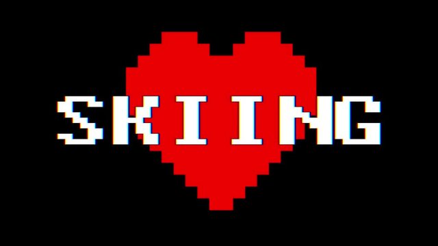 pixel heart SKIING word text glitch interference screen seamless loop animation background new dynamic retro vintage joyful colorful video footage