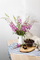  Still life with cherry and pink flowers