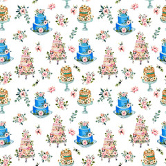 Watercolor holiday wedding cakes with pink flowers and eucalyptus branches seamless pattern, hand painted on a white background