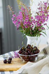  Still life with cherry and pink flowers