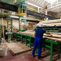 Fototapeta premium Worker with circular saw machine at wood beam cross cutting duri