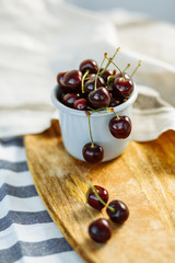  Sweet cherries in a bowl in the sunlight