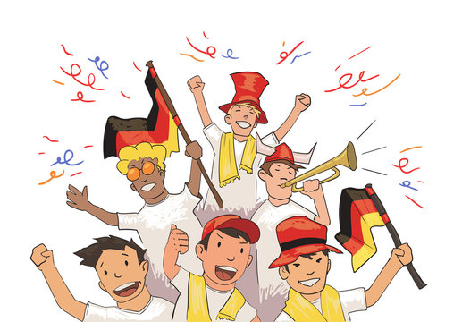 National football team supporters cheering for the players. Football fans with German national attributes. Colored flat vector illustration. Horizontal on white background.