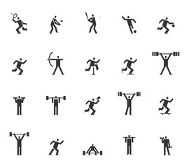 Vector of square headed man sports set icon, football, basketball, tennis, baseball, skating, athletic, gym, gymnasium, body building, exercise, training, workout, sign, symbol pictogram icons set ill