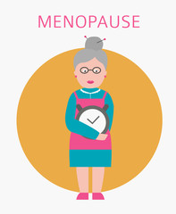 Menopause icon isolated on white. Grandmother is holding alarm clock