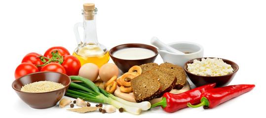 Set of natural products isolated on white background. Wide photo.