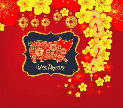 Happy chinese new year 2019 Zodiac sign with gold paper cut art and craft style on color Background