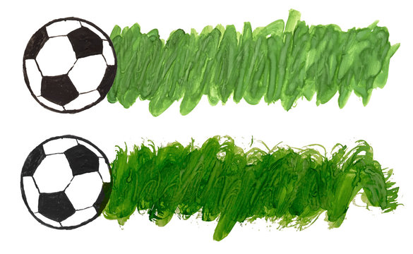 set of two templates for football soccer score. hand drawn watercolor ball and abstract long green grass spot isolated on white background. esp 10 vector illustration.