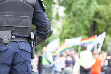 Police officer on duty during LGBT pride parade