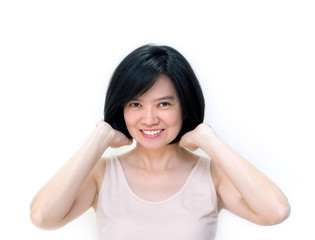 Obraz na płótnie Canvas Beautiful smiling Asian women with clean skin, natural make-up, short black hair isolated on white background. Middle aged woman showing her new hair style, Concept Coloring Hair. Beauty Salon.
