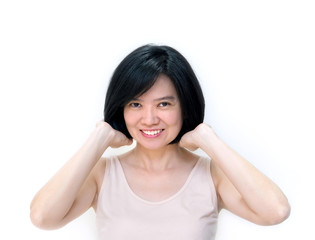 Fototapeta premium Beautiful smiling Asian women with clean skin, natural make-up, short black hair isolated on white background. Middle aged woman showing her new hair style, Concept Coloring Hair. Beauty Salon.