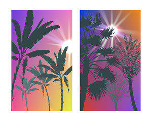 Summer tropical backgrounds set with palms, sky and sunset. Summer placard poster flyer invitation card. Summertime.