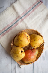 Fruit background. Fresh organic pears on old wood. Pear autumn harvest