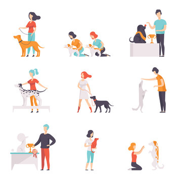 Owners presenting their purebred dogs at pet how exhibition set vector Illustrations on a white background