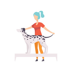 Young woman presenting her purebred Dalmatian dog at show exhibition vector Illustration on a white background