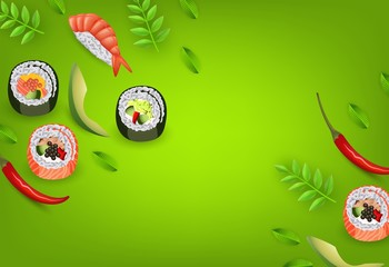 Japanese sushi banner with rolls, ebi nigiri, avocado and chili pepper isolated on gradient green background with copy space - asian traditional restaurant concept design. Vector illustration.