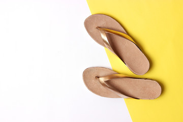 female slippers on a colored background top view. minimalism, women's shoes.