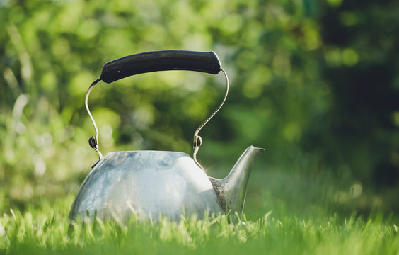Old household utensils. A metallic teapot on the background of a green garden