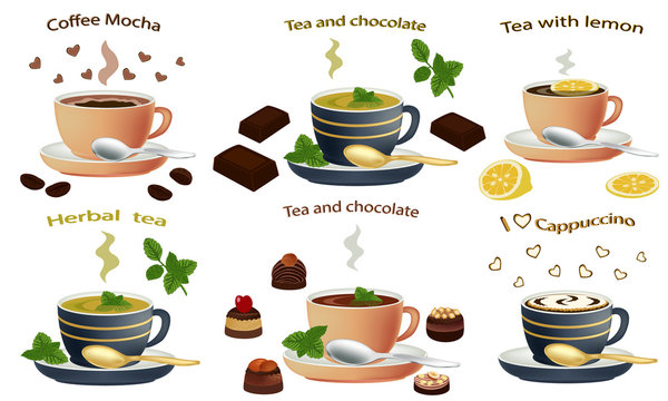 Set of hot drinks. Coffee latte, mocha and cappuccino in cups, isolated on white background. Hot chocolate and black tea in mug. Vector illustration of green tea and herbal tea.