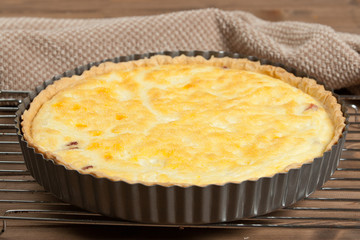 Homebaked Quiche Lorraine With Red Leicester Cheese. Traditional British Food. Baking Tray.
