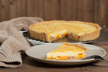 Homebaked Quiche Lorraine With Red Leicester Cheese. Traditional British Food.