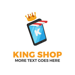 smartphone with striped store awning, crown and K letter for mobile shop concept design. e-commerce application logo template. modern flat illustration style.