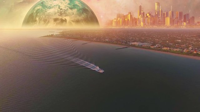 Aerial cinemagram - boat sailing along alien planet ocean coastline at sunset with fantasy futuristic city skyline on the horizon.  Elements of this work are furnished by NASA