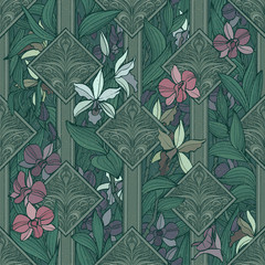 Vintage seamless pattern with orchids and ornaments