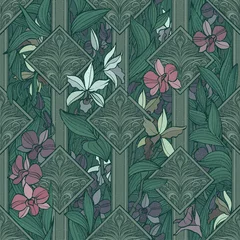 Velvet curtains Orchidee Vintage seamless pattern with orchids and ornaments
