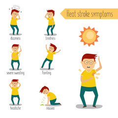 Adult man with painful face expression, heat stroke symptoms set. Nausea vomiting, tiredness, fainting dizziness, headache sweating. Flat male character worker with health problem. Vector illustration