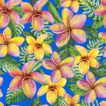 Exotic plumeria flowers and green monstera leaves on vivid blue background. Bright seamless tropical pattern. Watercolor painting. Hand painted floral illustration.