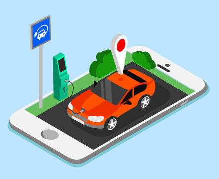 Electric Car And Smartphone App On Blue Background.