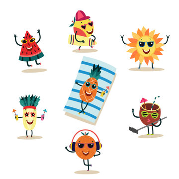 Fruit characters at summer party set. Vector watermelon slice dancing, orange in headphones, apple surfing, broccoli juice glasses coconut making selfie pineapple drink cocktail, sun showing rock sign