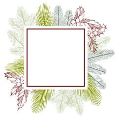 Vector frame with Christmas plant. Hand-drawn ilustration.