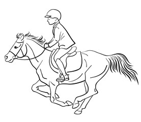 A illustration of a small rider on a pony.