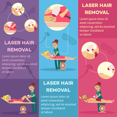 Laser hair removal in cosmetological clinic or salon vertical banners set with beautician or cosmetologist doing epilation with professional apparatus. Vector illustration template in flat style.