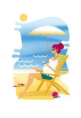 Pregnant Young woman sits in a deckchair on the sea shore with umbrella from the sun. Dragonfly on the hand.