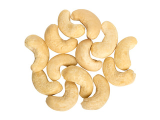 cashew nuts isolated on white background close up, top view