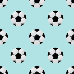 Black and white soccer balls on light blue background. Football seamless pattern. Cartoon sport vector illustration.