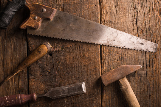 Top view of carpenter's rusty tools