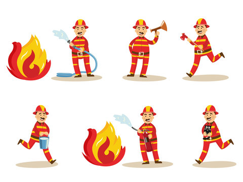 Fireman in fire protection uniform, helmet set. Male firefighter character spray water, extinguising fire holding water hose extinguisher running with bucket megaphone rescuing cat Vector illustration