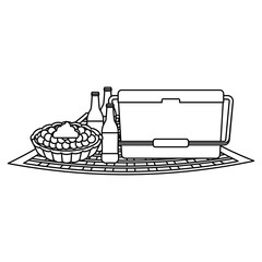 picnic food design with food cooler with beer bottles and sweet pie over white background, vector illustration