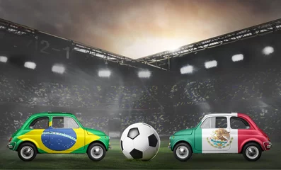 Afwasbaar Fotobehang Voetbal Vlaggen van Brazilië en Mexico op auto& 39 s met voetbal of voetbalbal in het stadion
