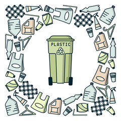 Plastic recycling card with garbage and dumpster. Linear style vector illustration. EPS10