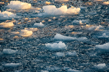 Close up of slushy sea ice on the surface of Disko Bay near Ilulissat in west Greenland