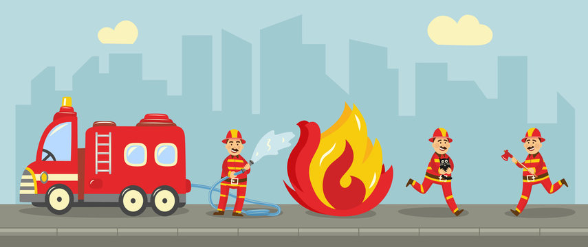Fireman in fire protection uniform extinguishing fire concept. Male characters running with fire axe, holding water hydrant standing near emergency vehicle. Vector illustration