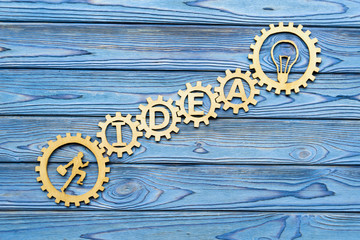 word idea, running office worker on gears up, electric bulb. concept of business idea.