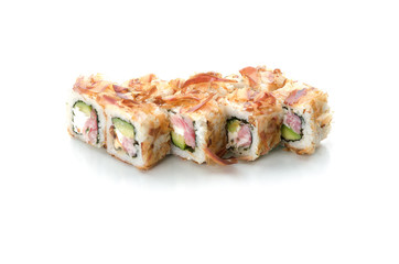 sushi, rolls, poppies on white background with reflection isolated, with tuna chips, Bonito tuna